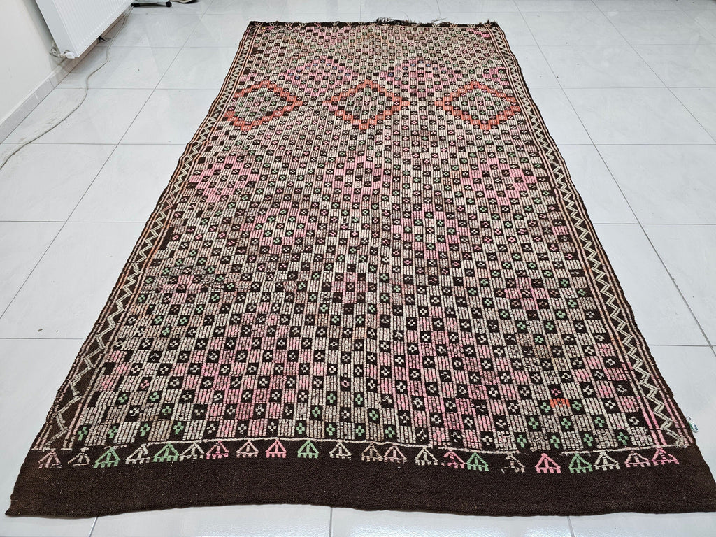 Handmade Wool Checkered Rug: 6x10.75 ft Vintage Eclectic Carpet