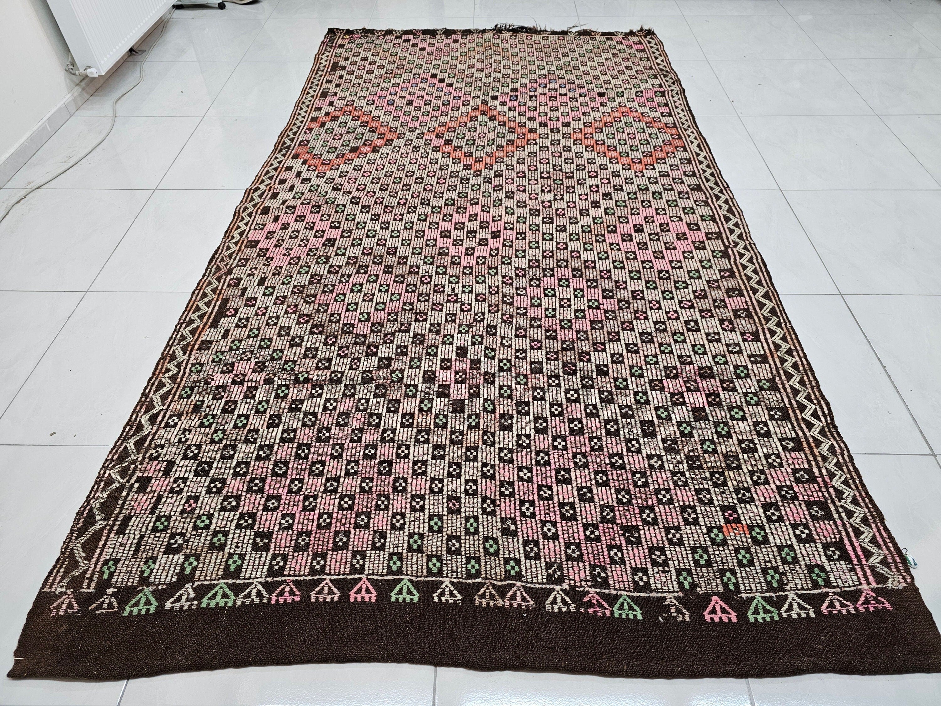 Handmade Wool Checkered Rug: 6x10.75 ft Vintage Eclectic Carpet