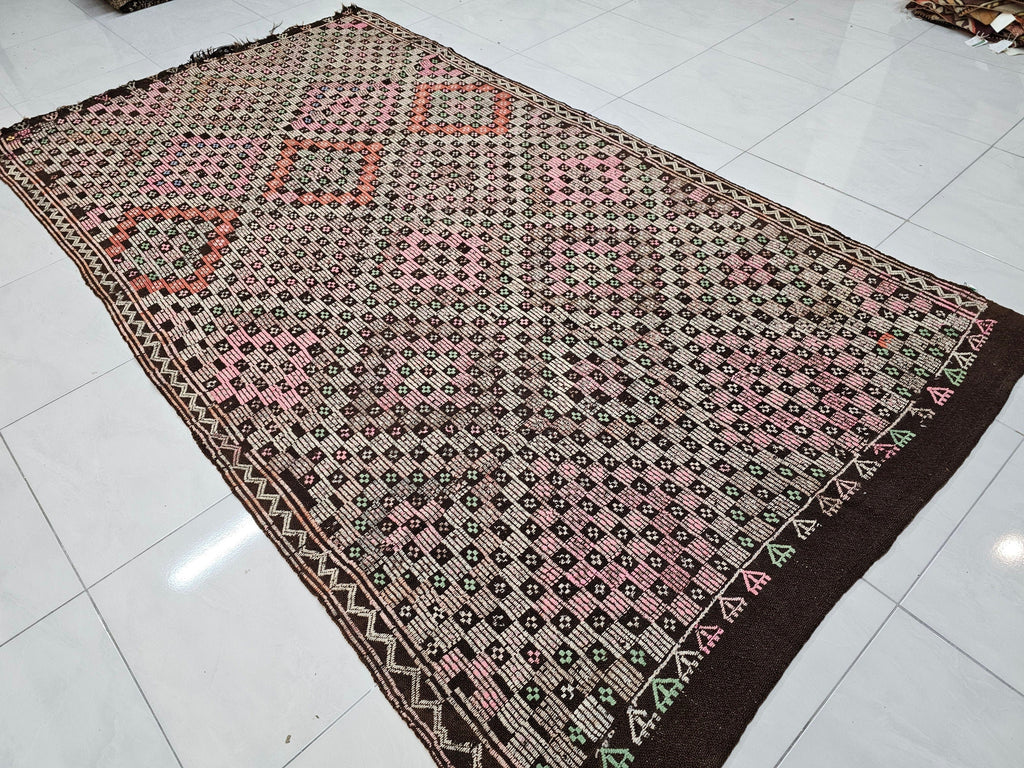 Handmade Wool Checkered Rug: 6x10.75 ft Vintage Eclectic Carpet