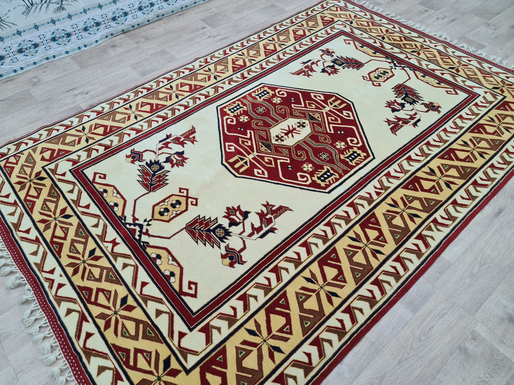 Hand Knotted Wool Rug: 6x9 Vintage Turkish Oushak Geometric Rug