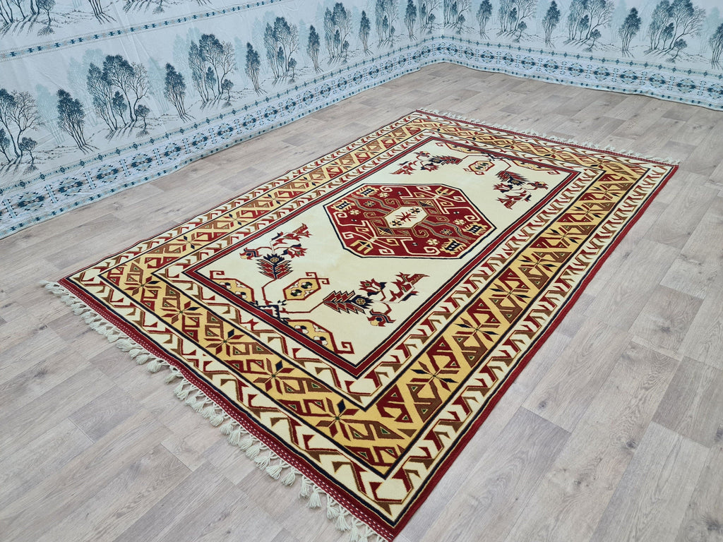 Hand Knotted Wool Rug: 6x9 Vintage Turkish Oushak Geometric Rug