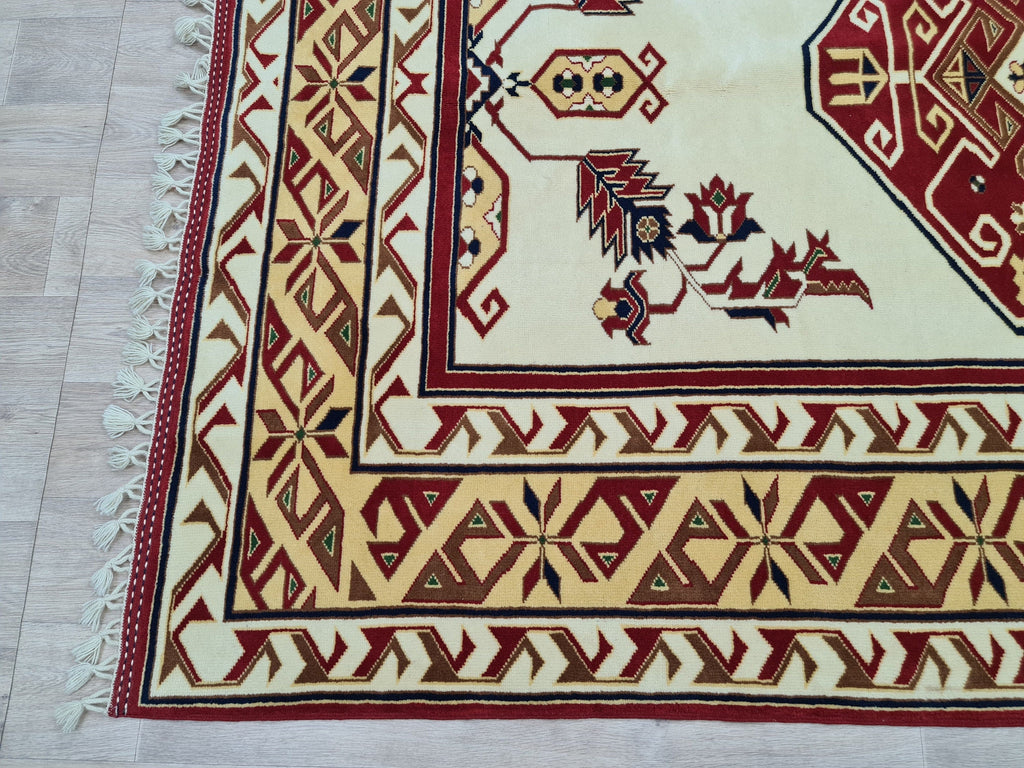 Hand Knotted Wool Rug: 6x9 Vintage Turkish Oushak Geometric Rug