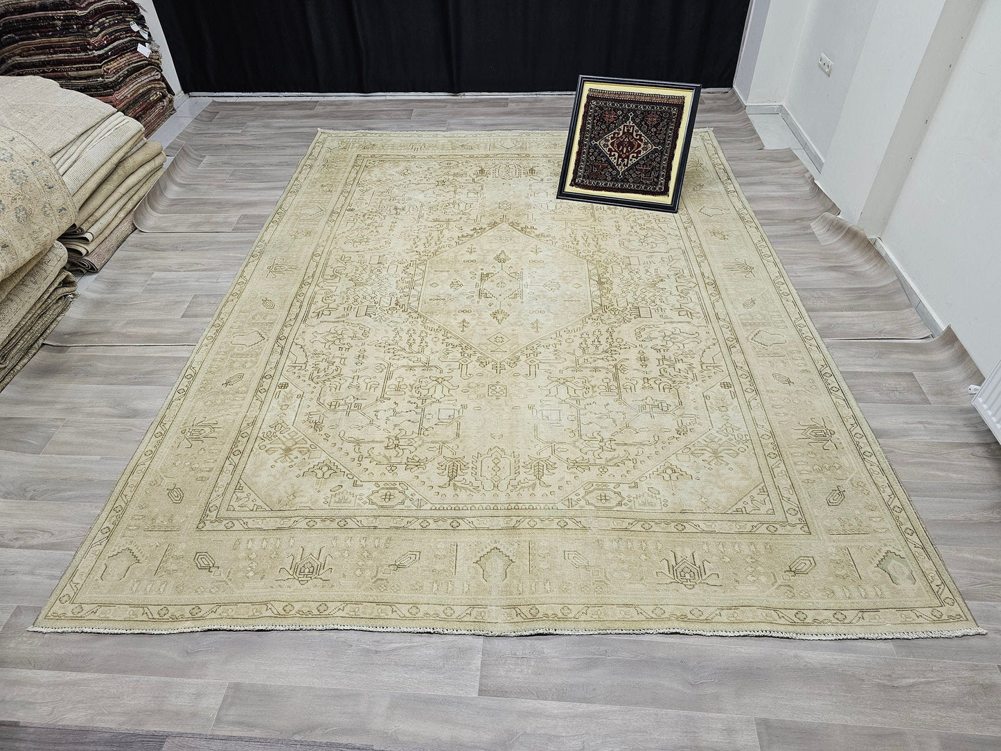 9x12 Rug Turkish Rug 9x12 Hand Knotted Wool Neutral Area Rug for Livingroom Vintage 9x12 Heriz Rug Cream Beige and Brown Oriental Geometric