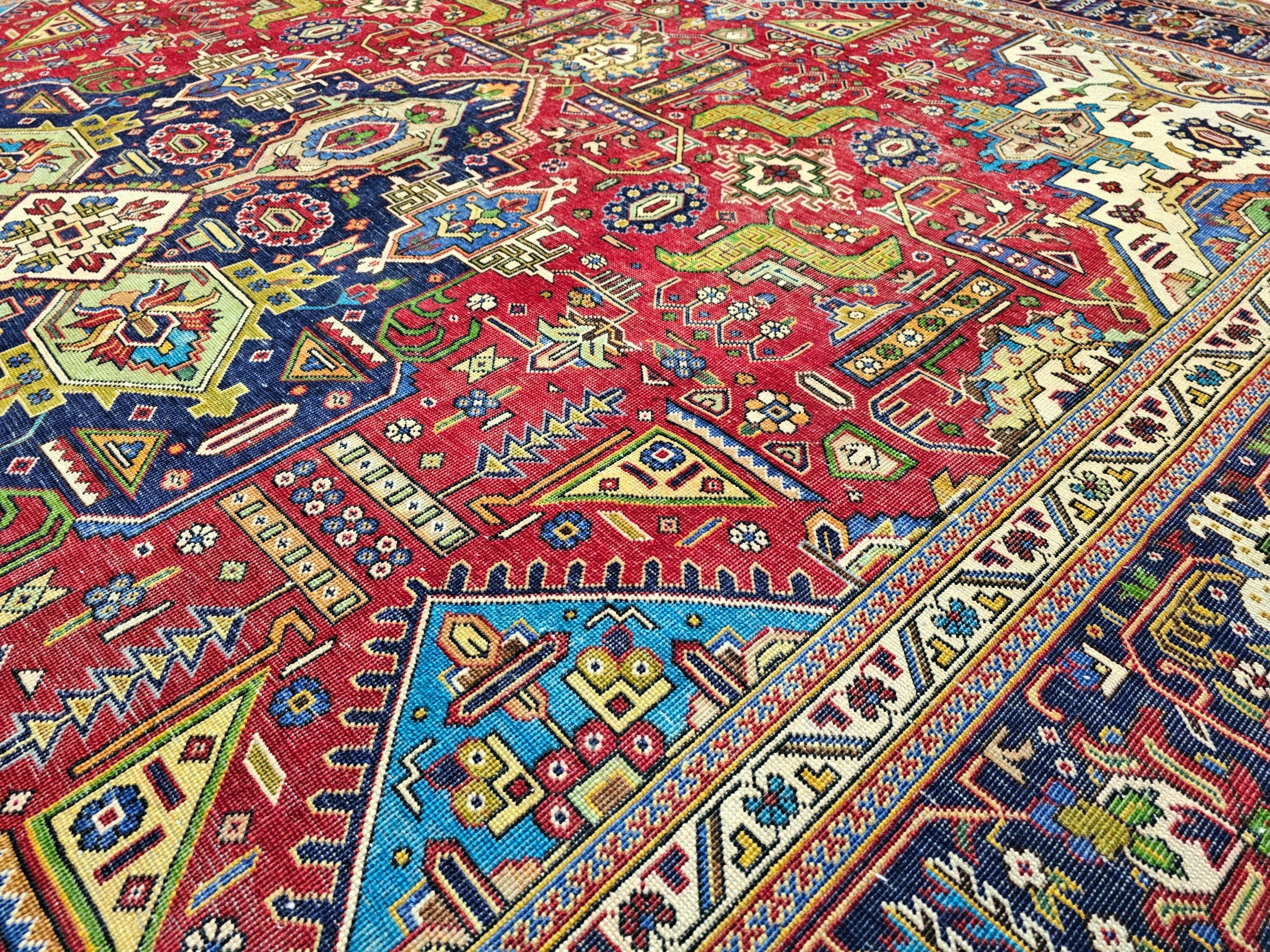 Hand Knotted Heriz Rug: Oversize Vintage Wool Red Cream Blue