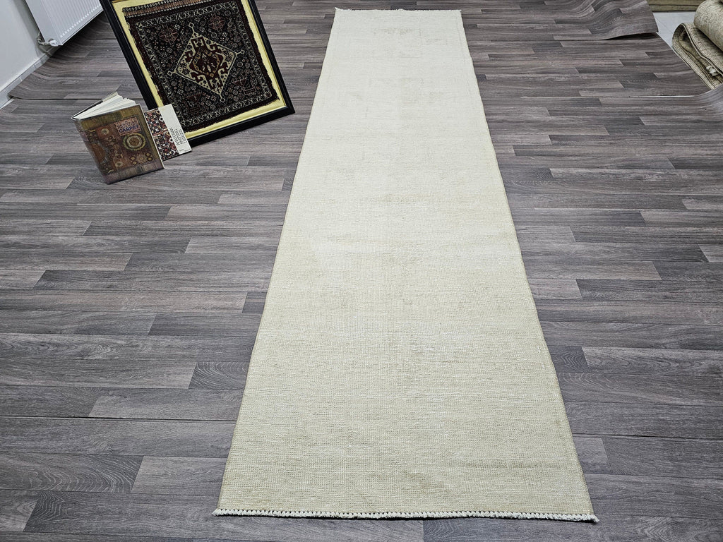 Neutral Turkish Runner Rug: 3x12 Vintage Hand-Knotted Wool Oushak