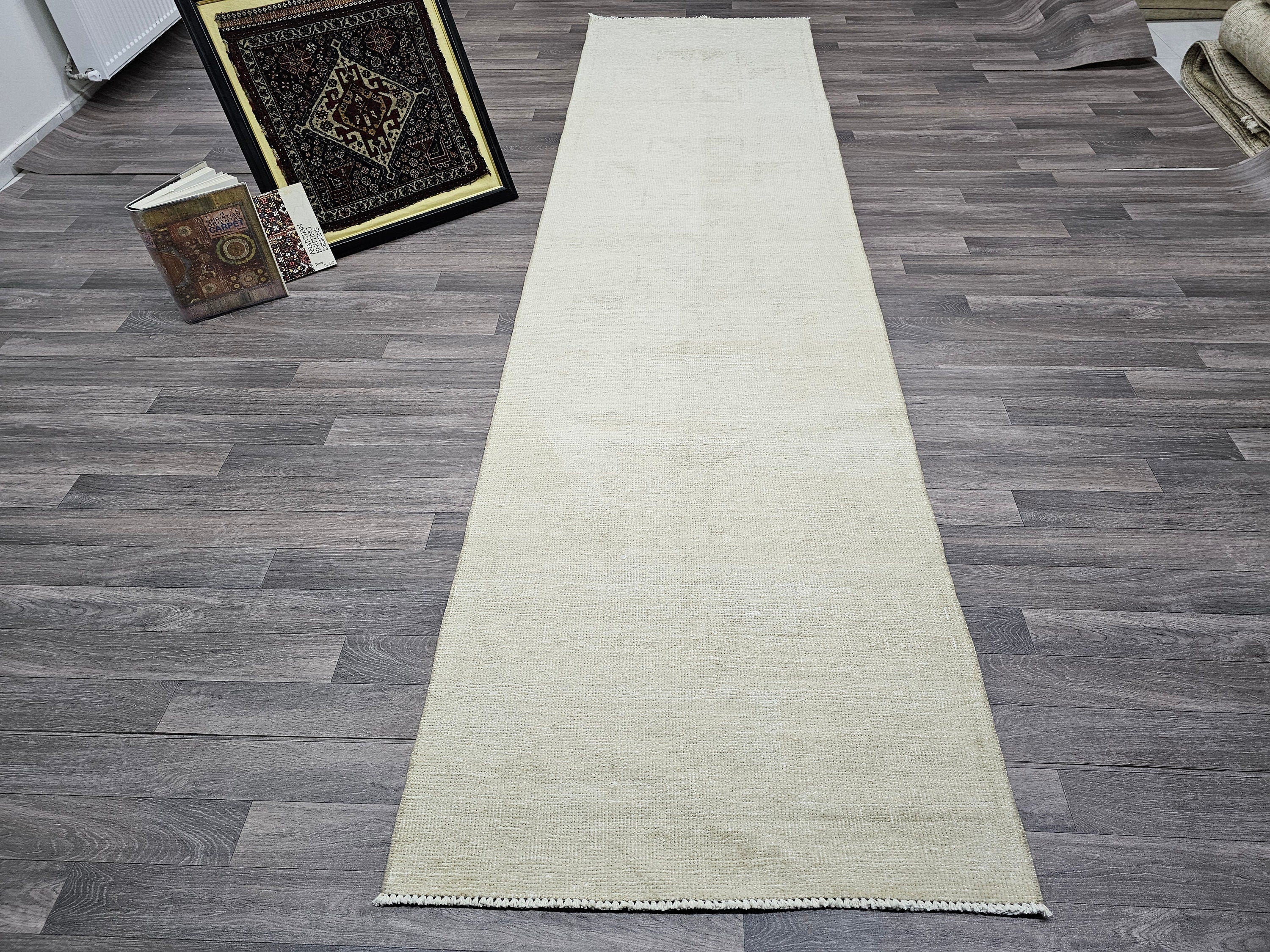 Neutral Turkish Runner Rug: 3x12 Vintage Hand-Knotted Wool Oushak