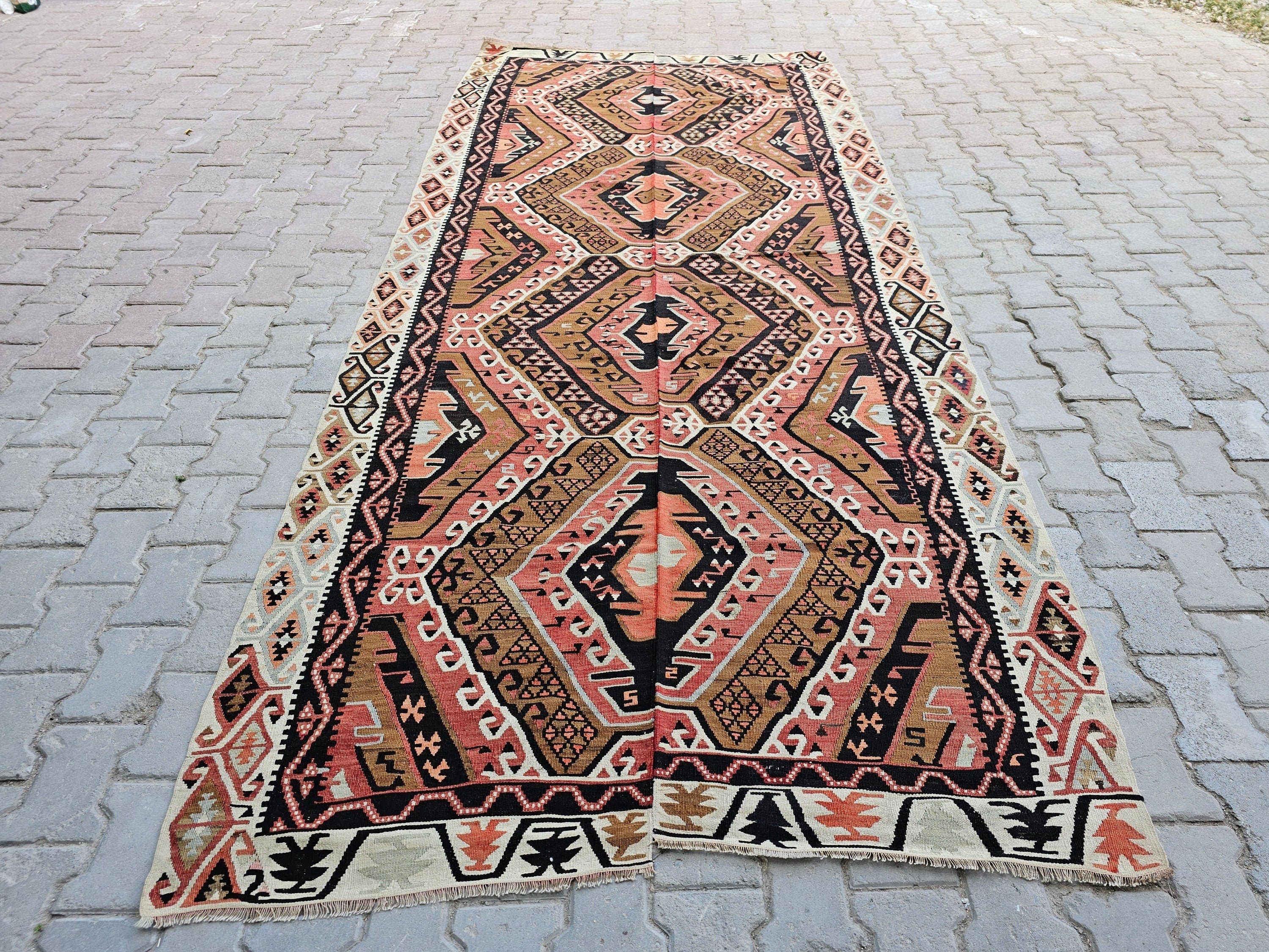 Vintage Turkish Kilim Rug: Hand-Knotted Wool Anatolian Design (5x12 ft)
