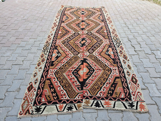 Turkish Kilim Rug 160x355 cm - 5x12 Vintage Turkish Kilim Rug - Hand Knotted Wool Anatolian Kilim Rug - Kelim Teppich //5.25x11.65 feet