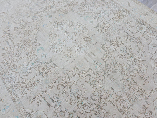 Oushak Rug 9x12 / Neutral Area Rug for Diningroom/ 9x12 Turkish Rug / Geometric Oriental Carpet Beige Tan Turquose Taupe
