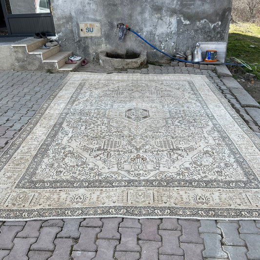 10x13 Neutral Vintage Turkish Area Rug - Rug for Livingroom Boho - Extra Large Rug - Hand Knotted Rug - Oversize Cream Rug - Oushak Rug