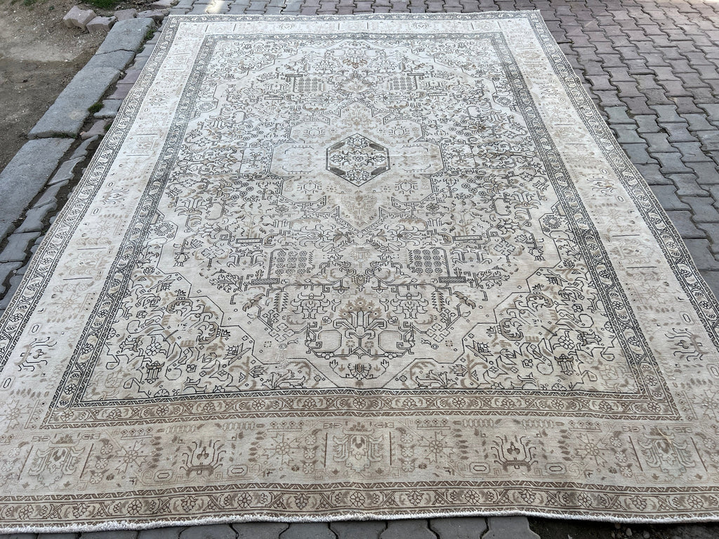 Neutral Vintage Turkish Rug: 10x13 Hand-Knotted Wool Area Rug