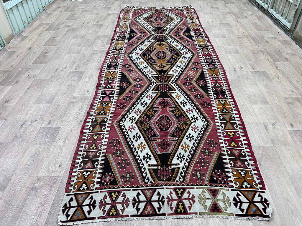 Handmade Wool Kilim Runner: Wide Turkish Oushak Rug (4.35x13.15 feet)