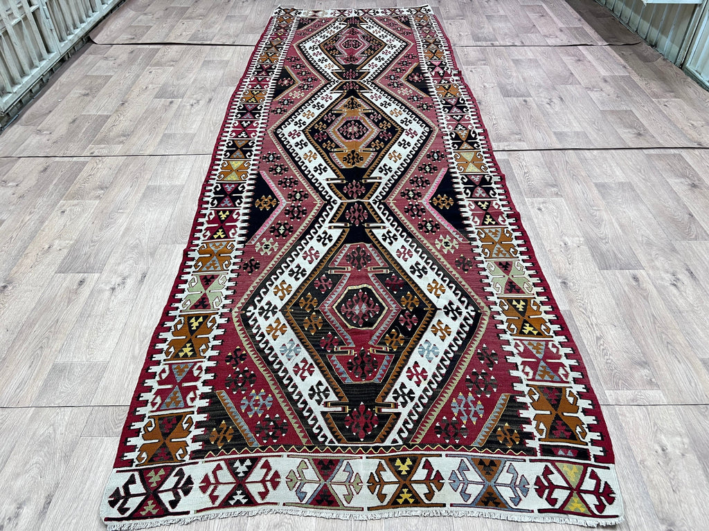 Handmade Wool Kilim Runner: Wide Turkish Oushak Rug (4.35x13.15 feet)
