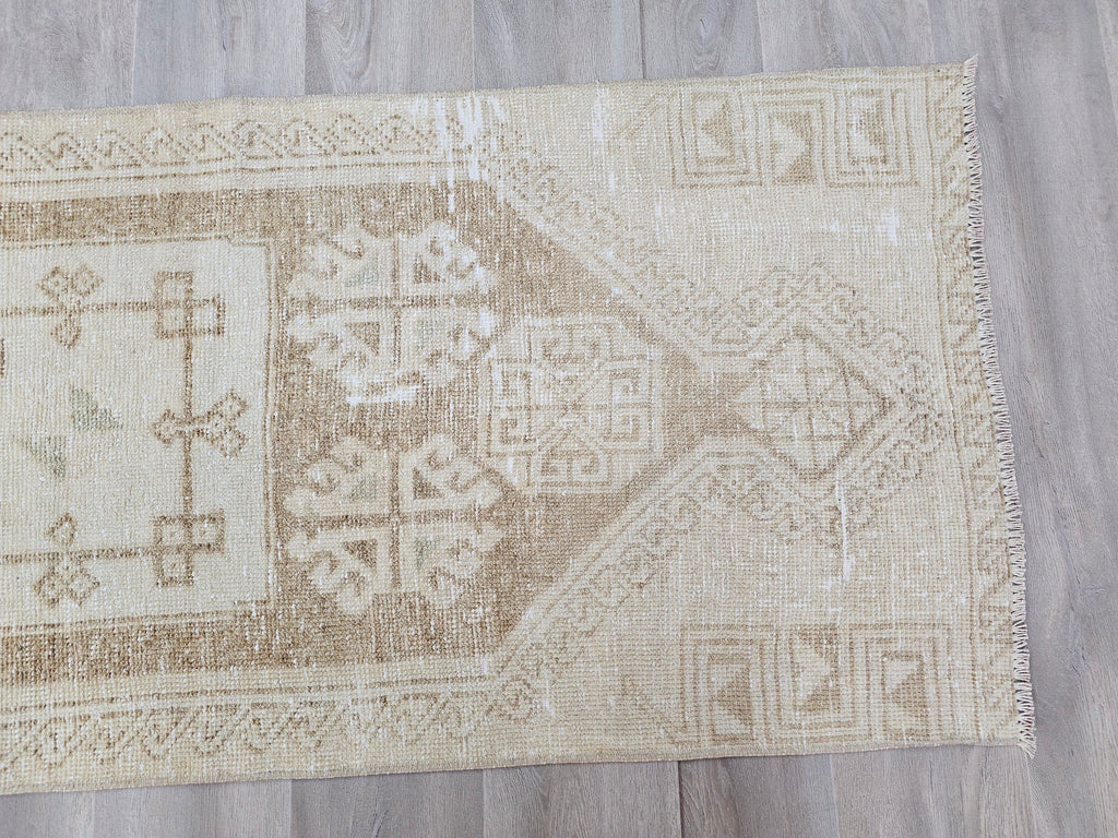 Hand Knotted Turkish Wool Runner Rug: Neutral Anatolian Design (2.50x11.85 feet)