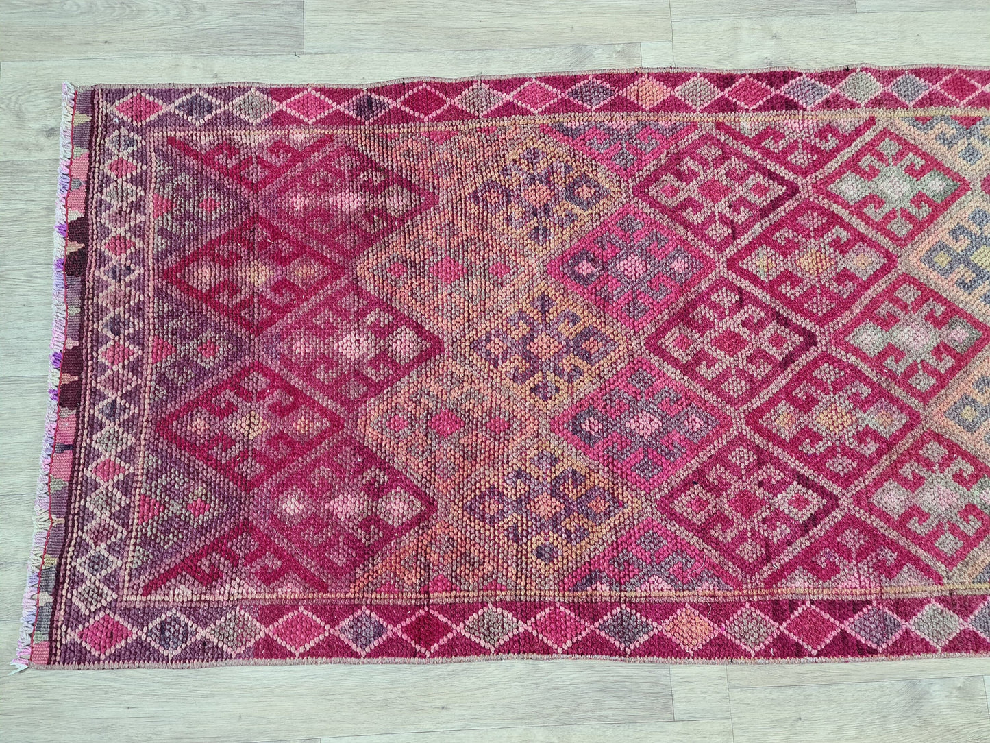 Purple Runner Rug/ 2.75x14.4 feet/ Hand Knotted Wool Runner/ Soft Vintage Runner/ Oushak Runner/ Turkish Runner for Kitchen and Hallway