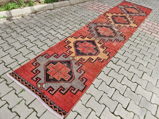 Red Turkish Rug Runner/ 3.2x13.5 feet/ Vİntage Runner for Mid Ceuntry Decor/ Natural Rug Runner