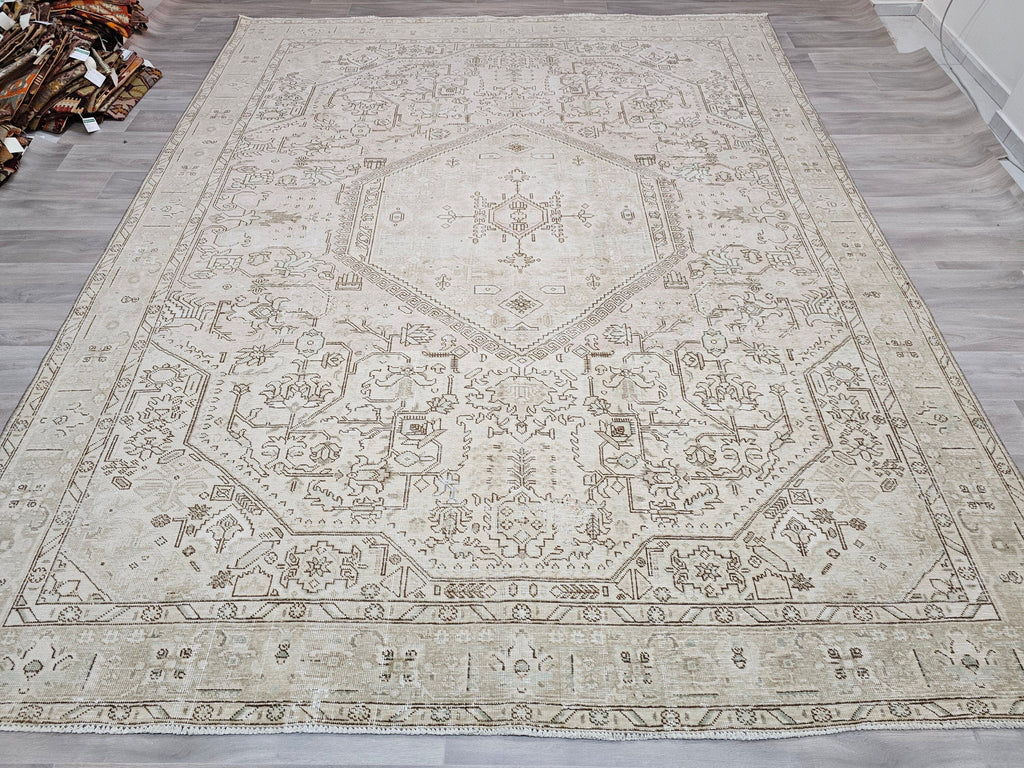 10x12 Vintage Hand-Knotted Turkish Rug: Neutral Persian Design