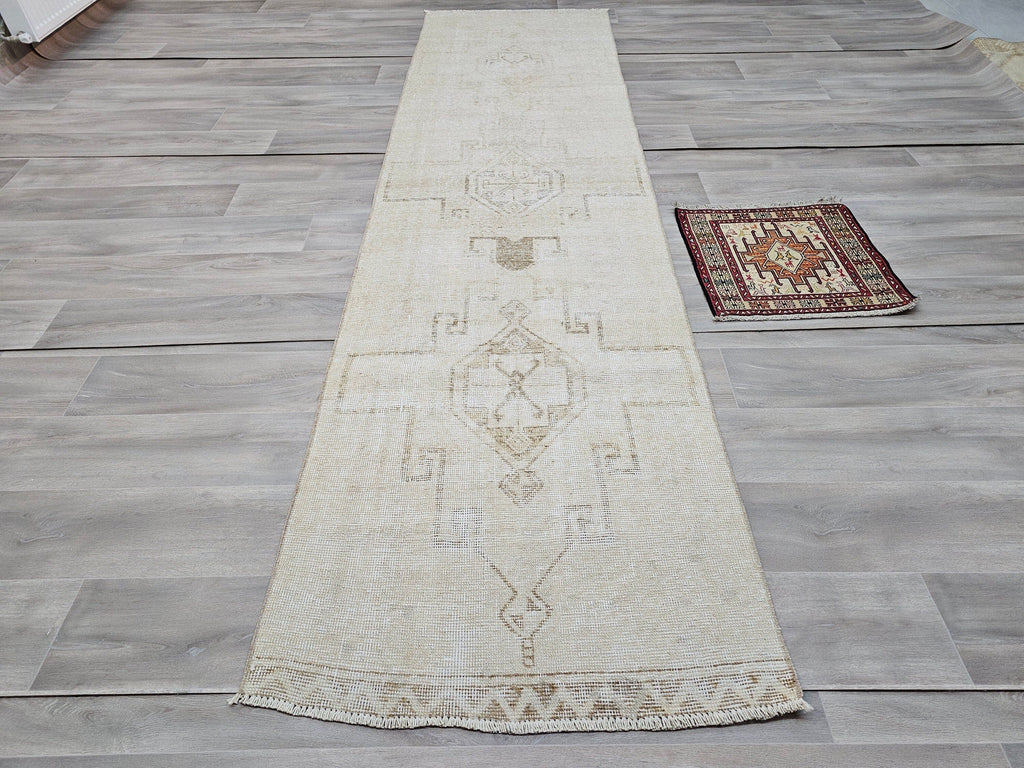 Hand Knotted Wool Oushak Runner Rug: 3x11 Cream Beige Turkish Rug