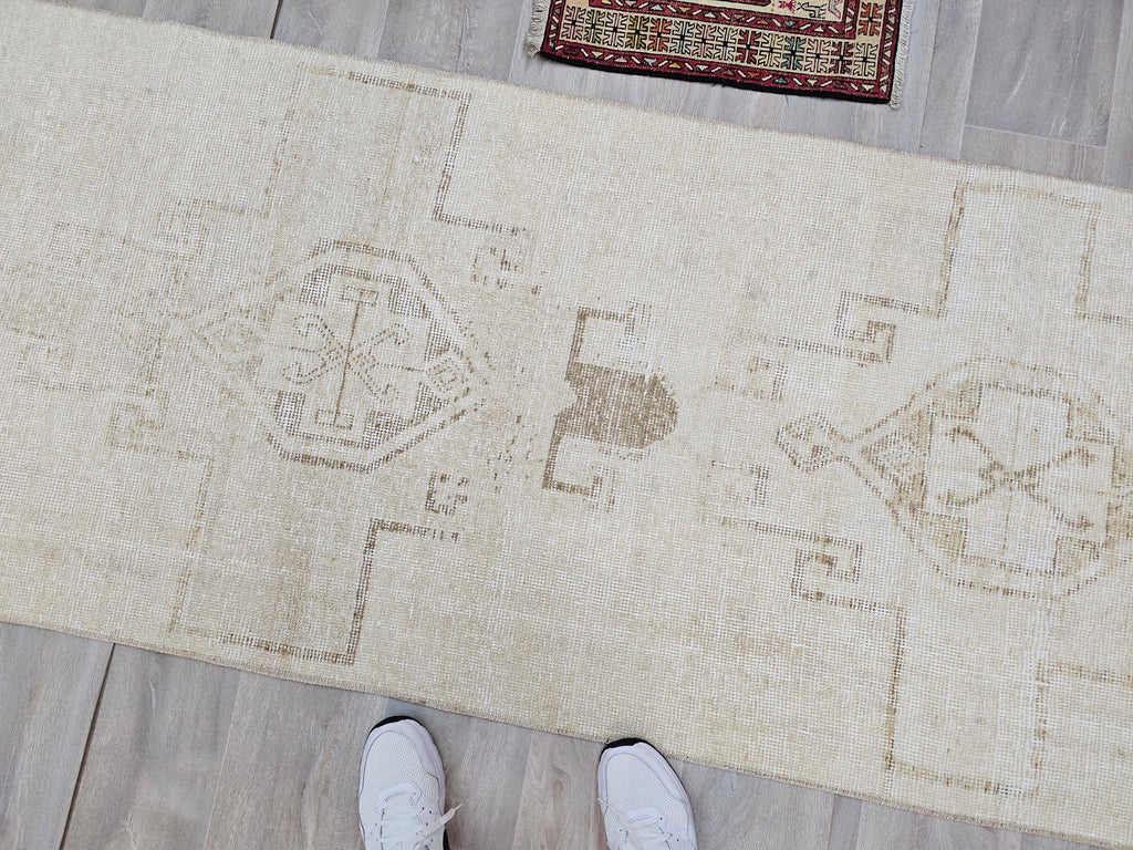 Hand Knotted Wool Oushak Runner Rug: 3x11 Cream Beige Turkish Rug