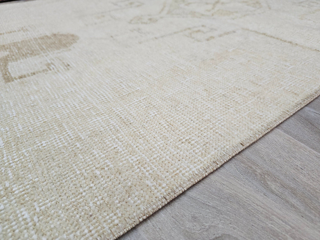 Hand Knotted Wool Oushak Runner Rug: 3x11 Cream Beige Turkish Rug