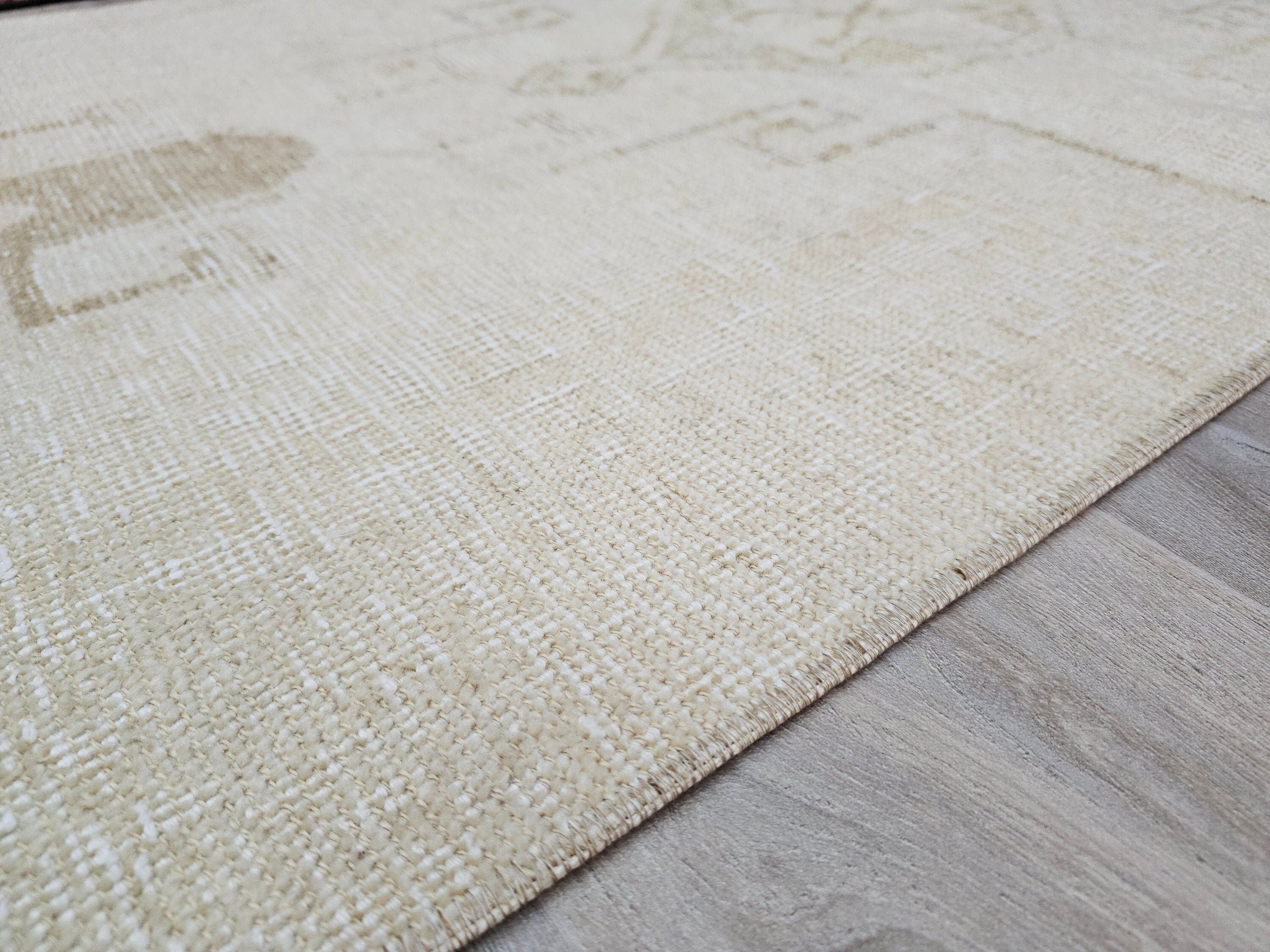 Hand Knotted Wool Oushak Runner Rug: 3x11 Cream Beige Turkish Rug