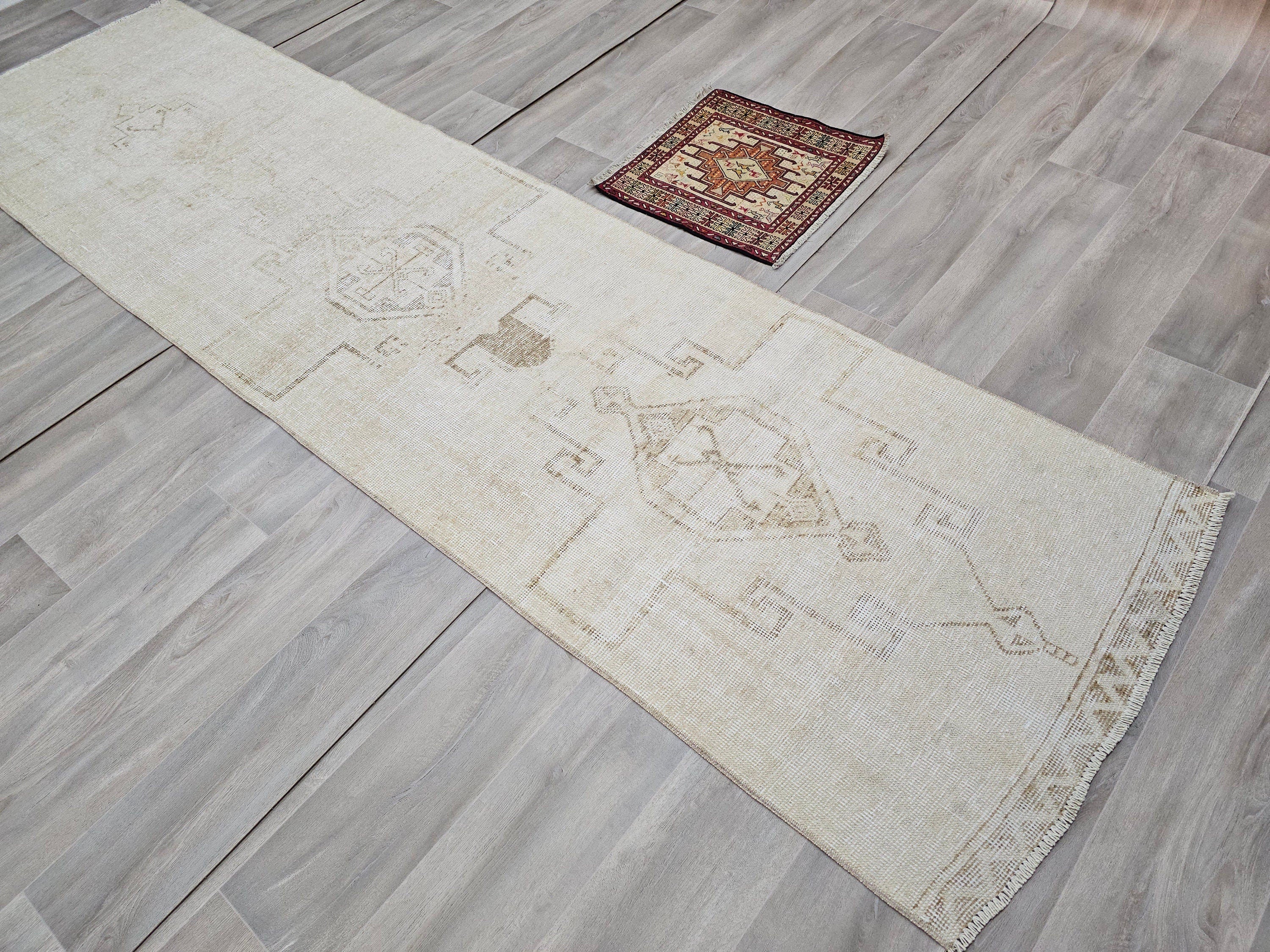 Hand Knotted Wool Oushak Runner Rug: 3x11 Cream Beige Turkish Rug
