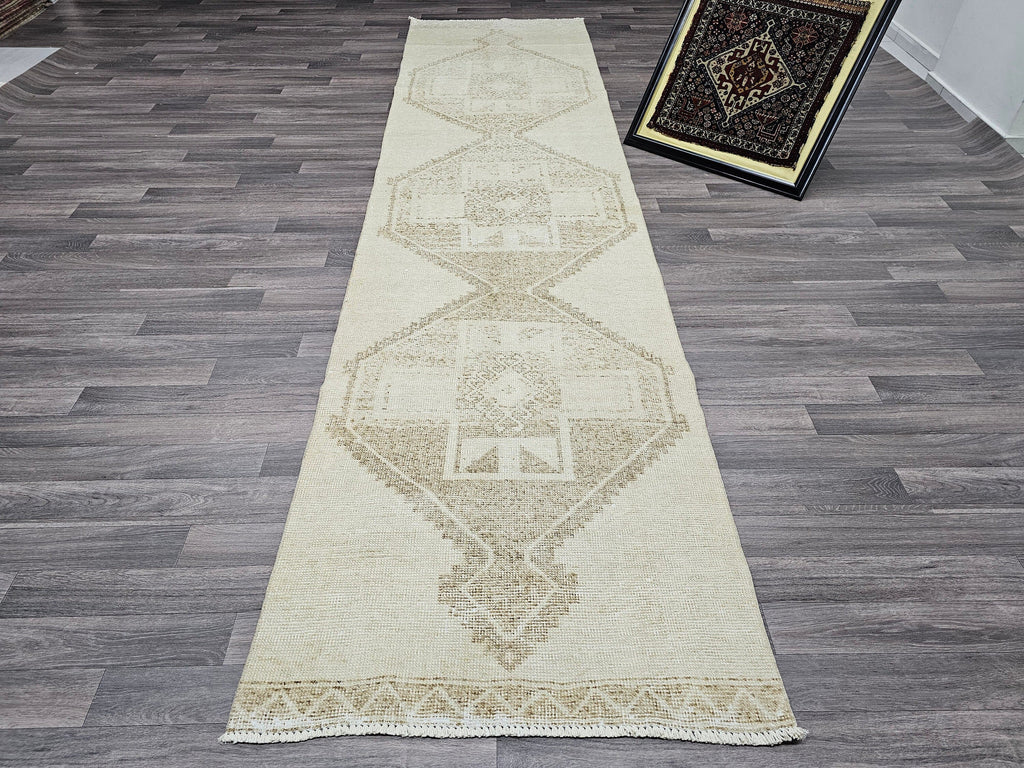 Hand Knotted Wool Oushak Runner: 3x12 ft Neutral Turkish Rug