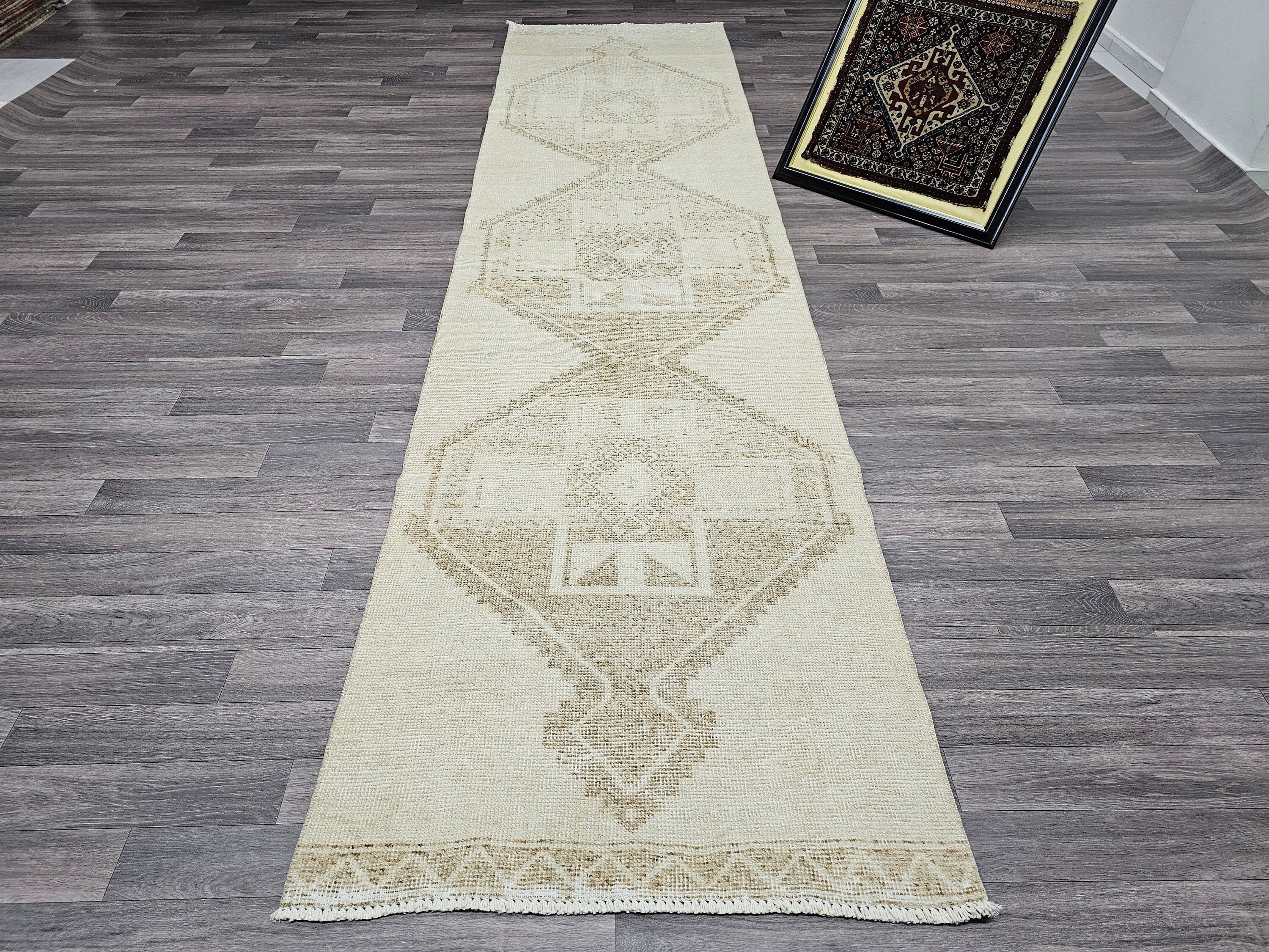 Hand Knotted Wool Oushak Runner: 3x12 ft Neutral Turkish Rug