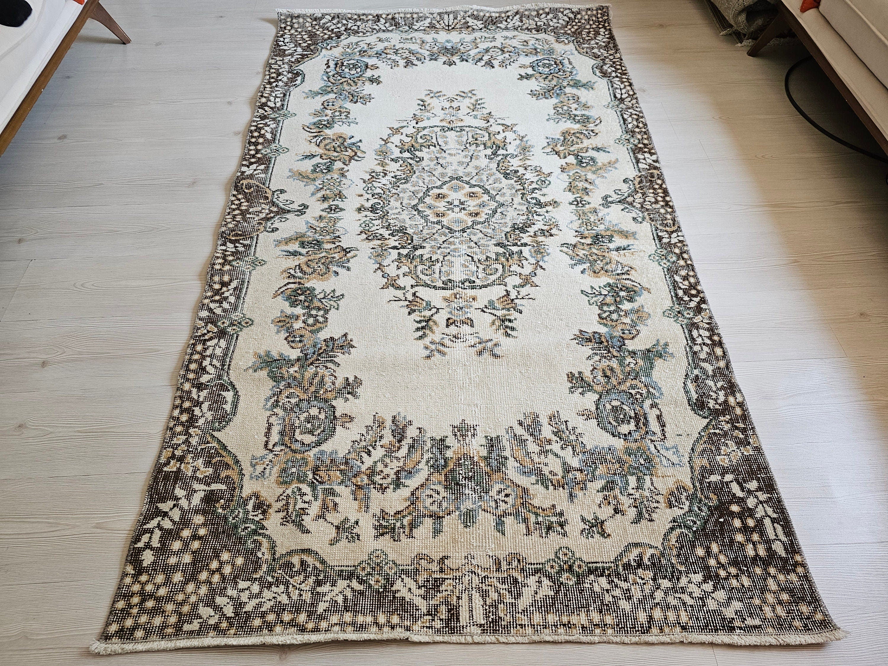 4x7 Vintage Turkish Oushak Rug Cream Brown Neutral Rug