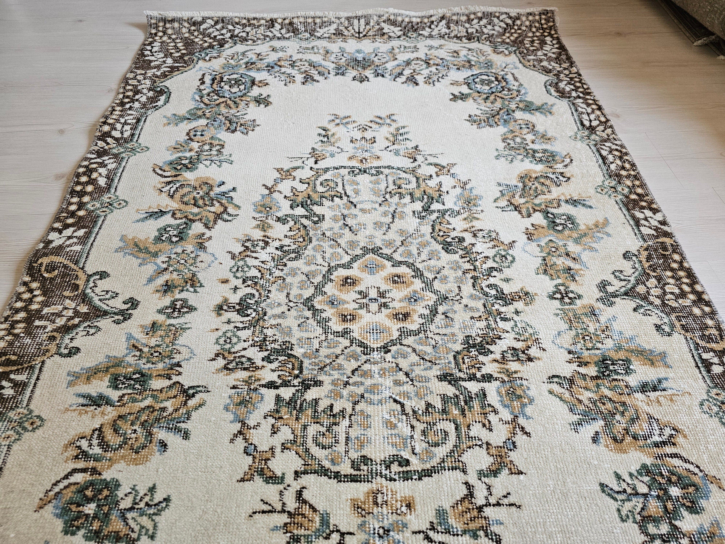 4x7 Vintage Turkish Oushak Rug Cream Brown Neutral Rug