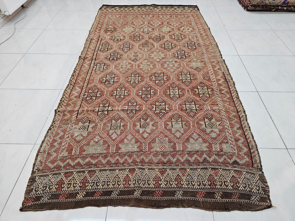 Hand Knotted Wool Turkish Rug: Vintage Bohemian Kilim (5.10x9.90 ft)