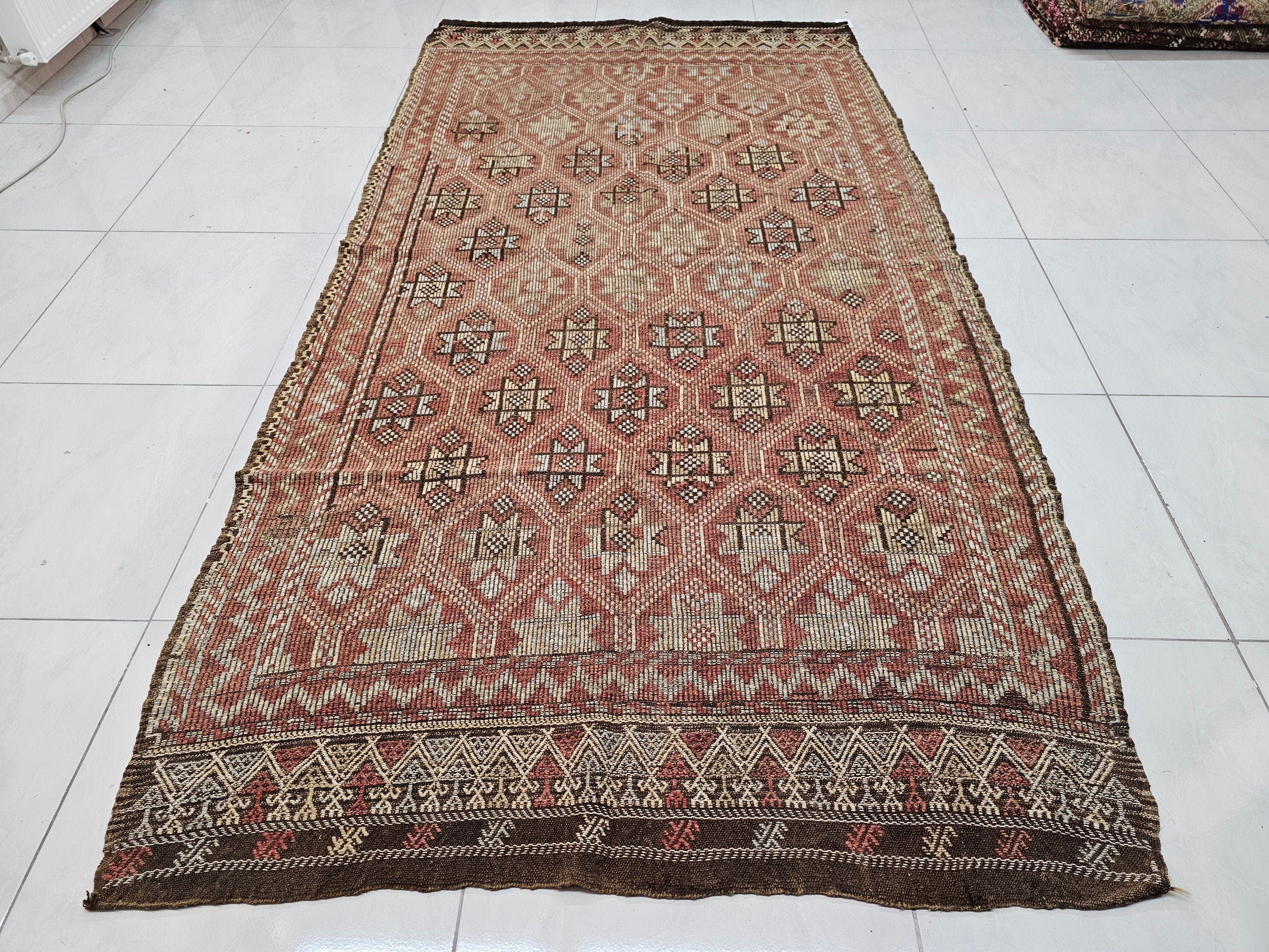 Hand Knotted Wool Turkish Rug: Vintage Bohemian Kilim (5.10x9.90 ft)