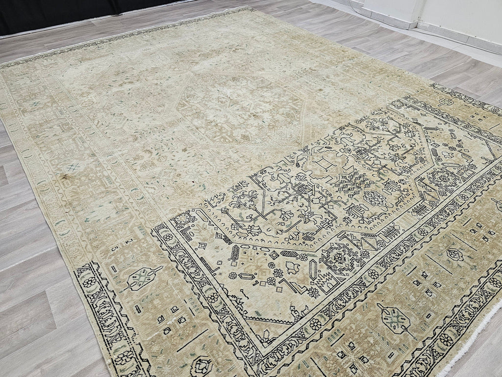 9x12 Neutral Oushak Area Rug:  Handmade Vintage Turkish Geometric Area Carpet