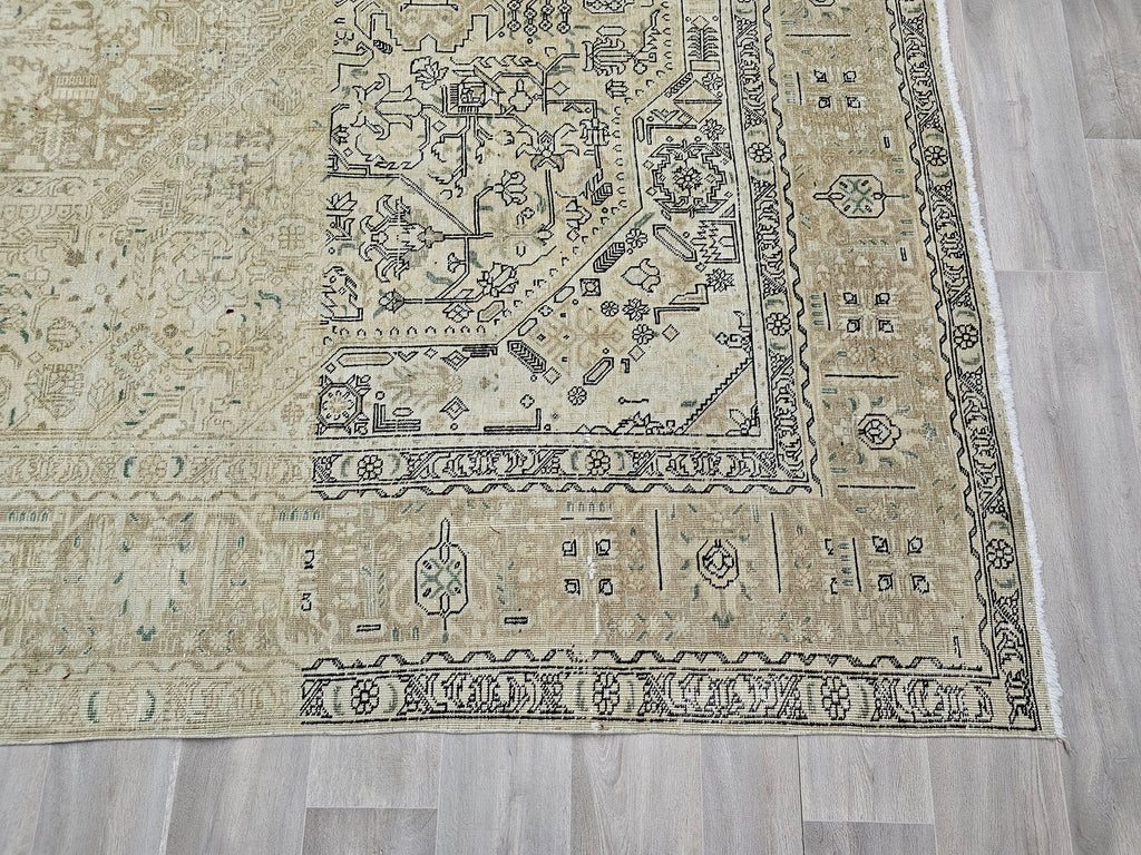 9x12 Neutral Oushak Area Rug:  Handmade Vintage Turkish Geometric Area Carpet