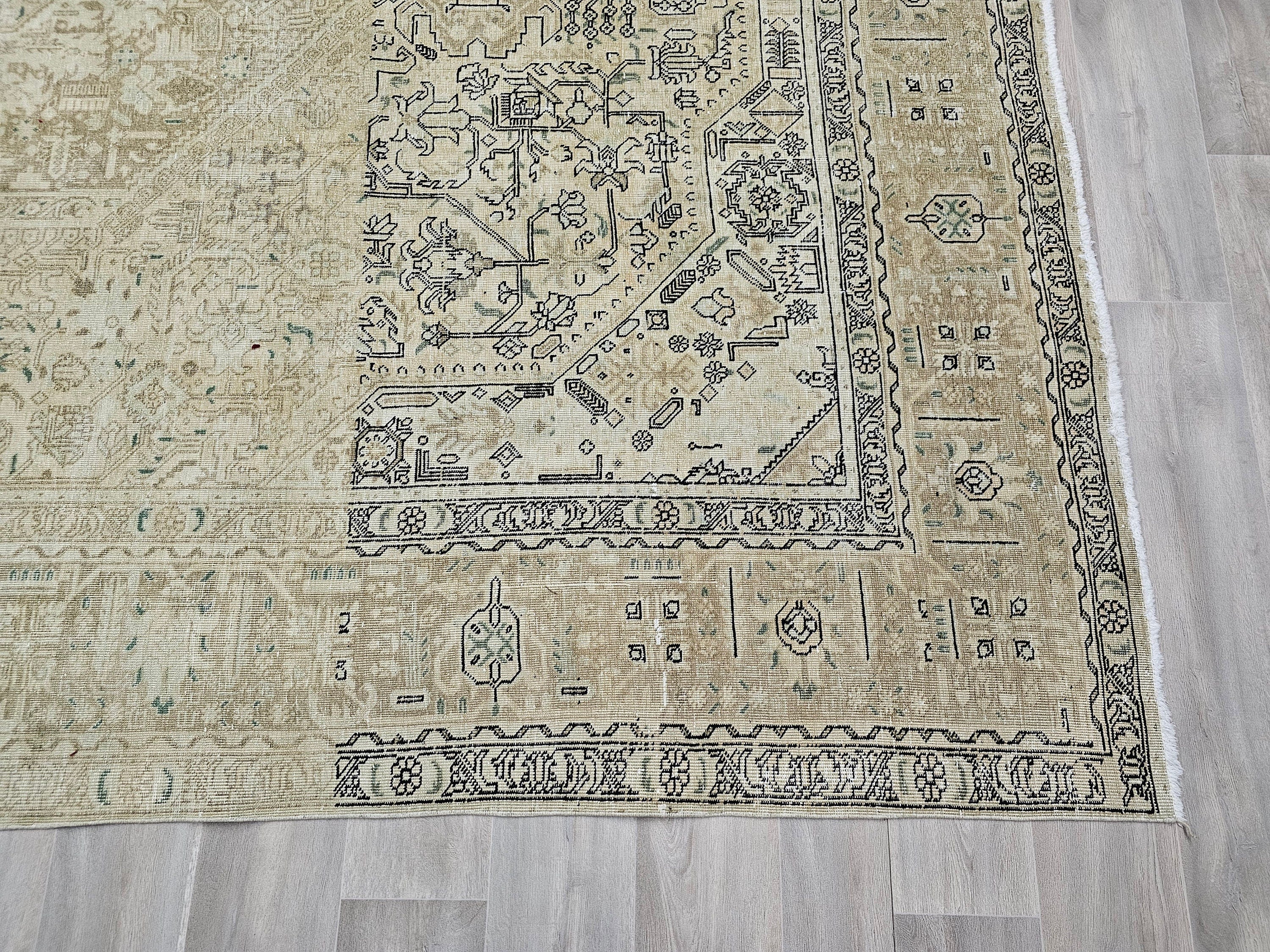 9x12 Neutral Oushak Area Rug:  Handmade Vintage Turkish Geometric Area Carpet