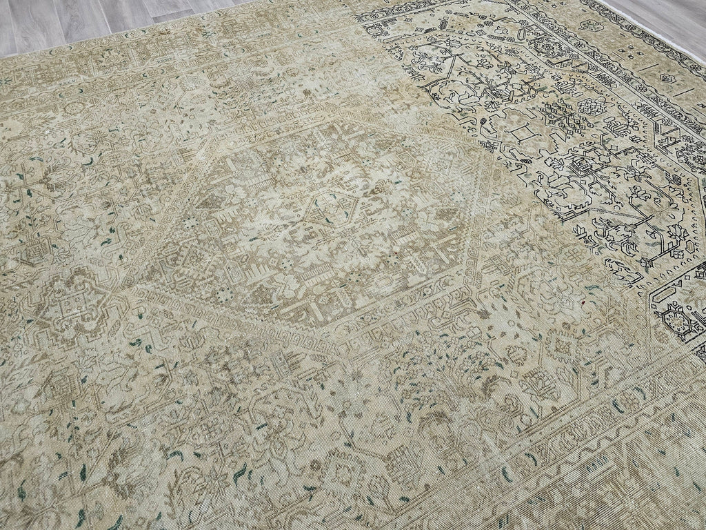 9x12 Neutral Oushak Area Rug:  Handmade Vintage Turkish Geometric Area Carpet