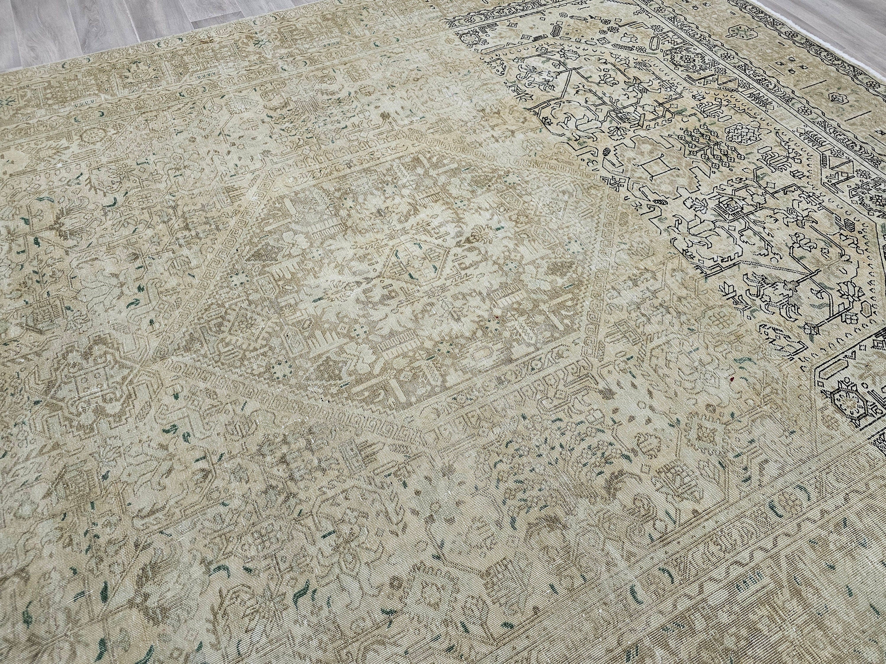 9x12 Neutral Oushak Area Rug:  Handmade Vintage Turkish Geometric Area Carpet