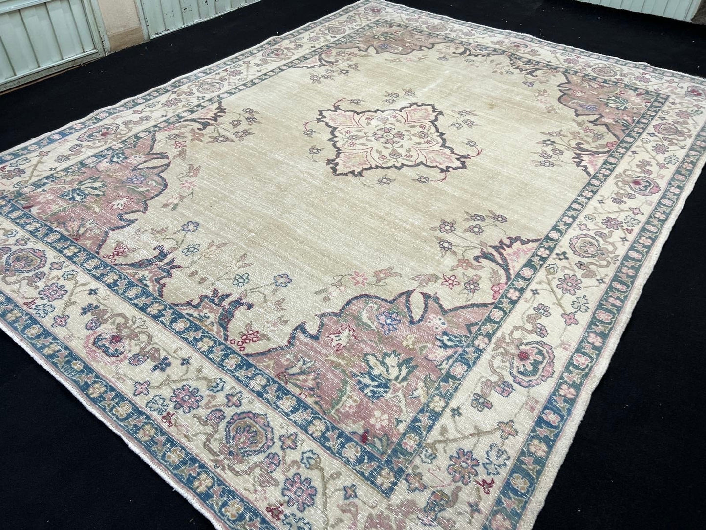 Antique Rug 9x12 - Hand Knotted Wool Area Rug - Beige Coral Blue Oriental Carpet /8.7x11.7 ft