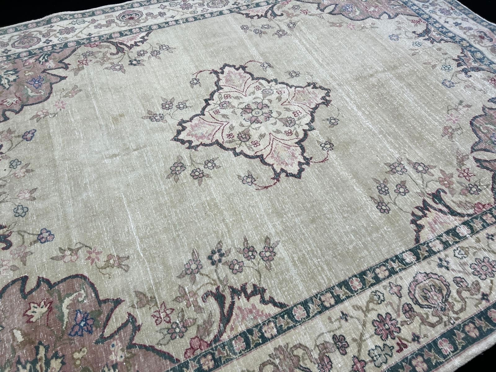 Antique Turkish Wool Rug 9x12: Hand-Knotted Beige, Coral, and Blue