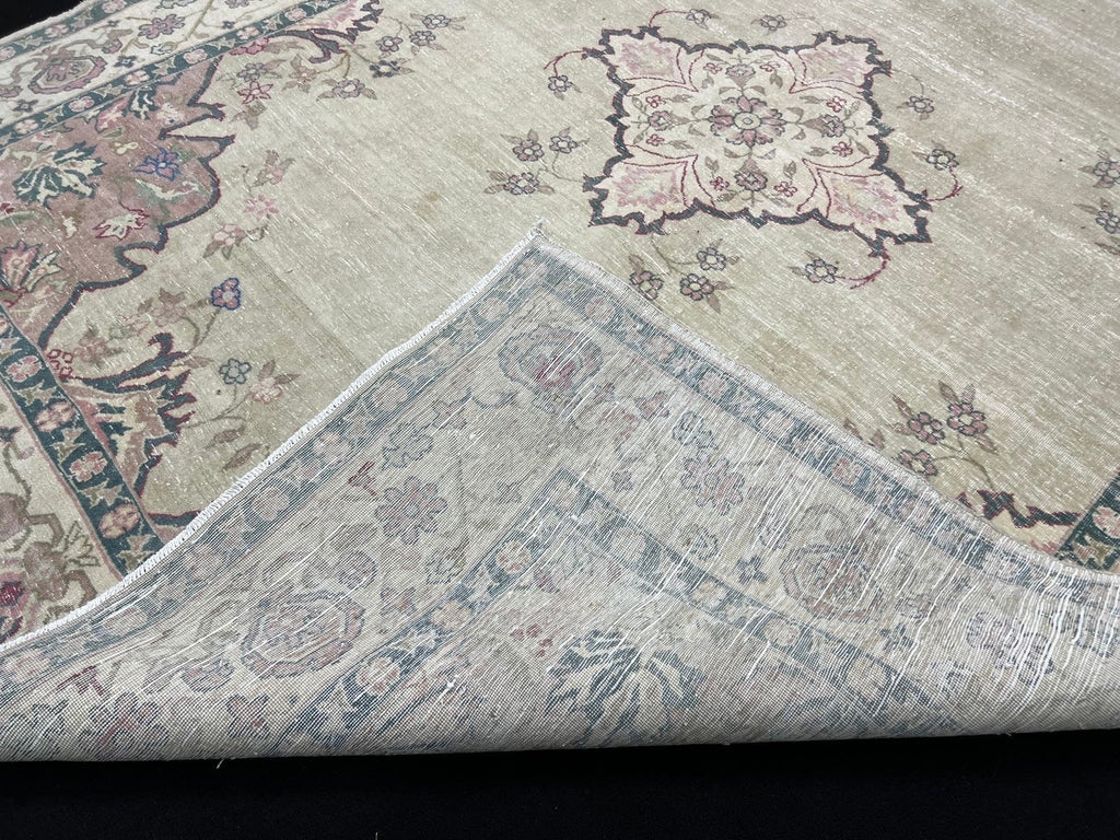 Antique Turkish Wool Rug 9x12: Hand-Knotted Beige, Coral, and Blue