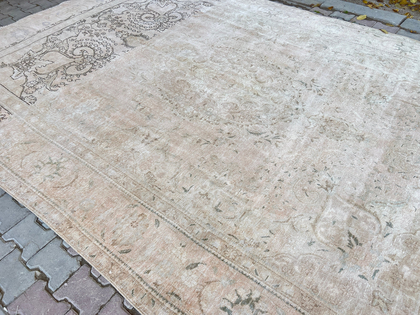 Hand Knotted 9x12 Area Rug/ Oversize Neutral Vintage Rug/ Beige Cream Tan Brown Rug/ Distressed Wool Rug/ Muted Oushak Rug /9.30x12.40 feet