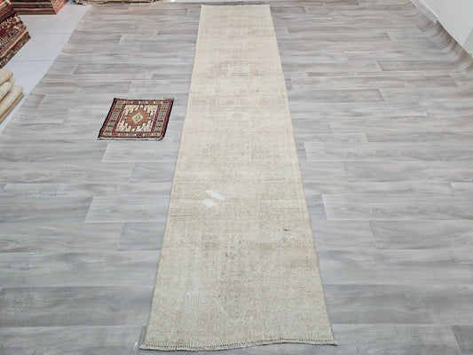 Turkish Runner Rug 3x13 - Neutral Vintage Runner - Hallway Runner Rug Non Slip - Distressed Wool Runner - Oushak Runner for Kitchen