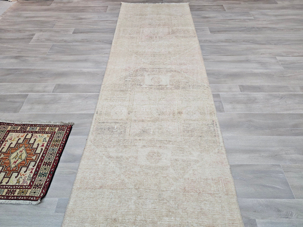 Oushak Turkish Runner Rug 3x13: Neutral Distressed Wool Hallway Rug