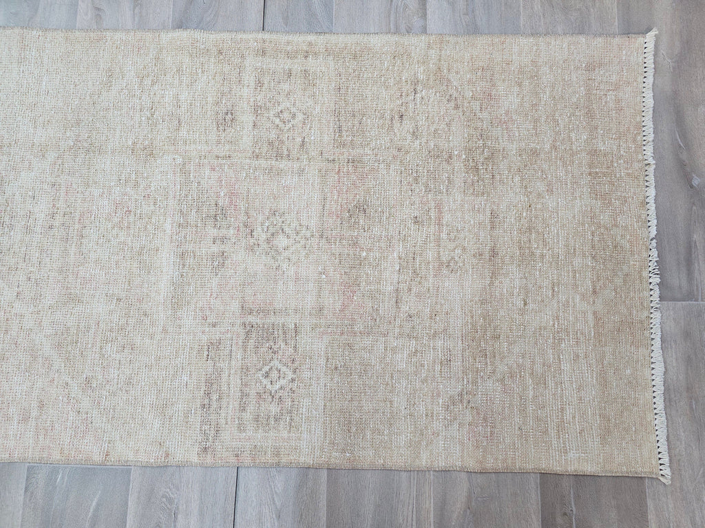 Oushak Turkish Runner Rug 3x13: Neutral Distressed Wool Hallway Rug
