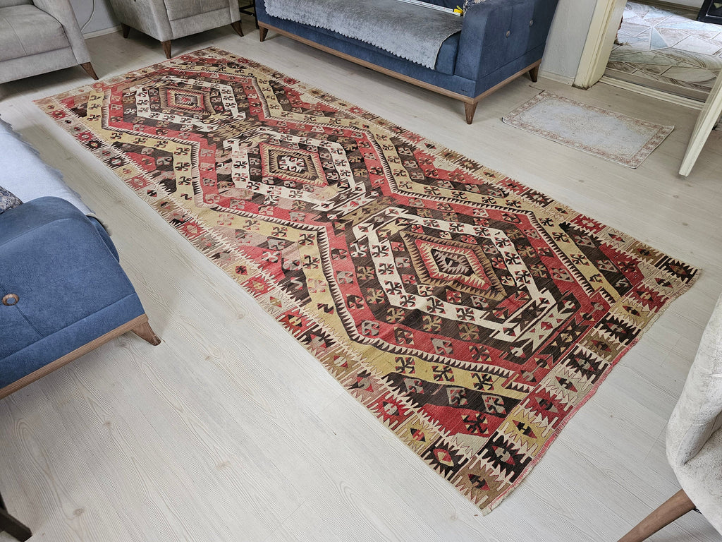 Vintage Oushak Kilim Rug: Large Turkish Bohemian Area Rug (4.9 x 12.25 ft)