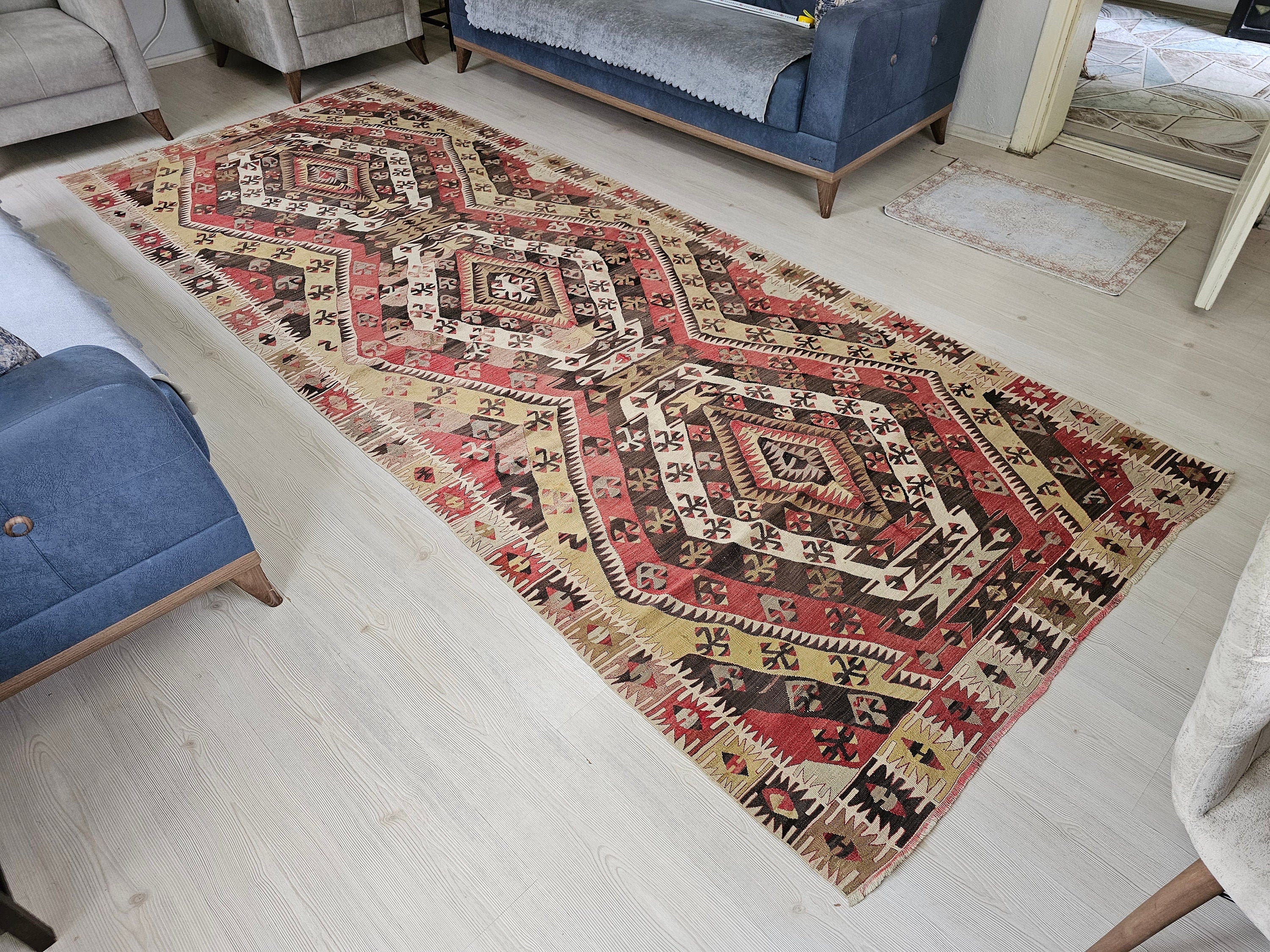 Vintage Oushak Kilim Rug: Large Turkish Bohemian Area Rug (4.9 x 12.25 ft)