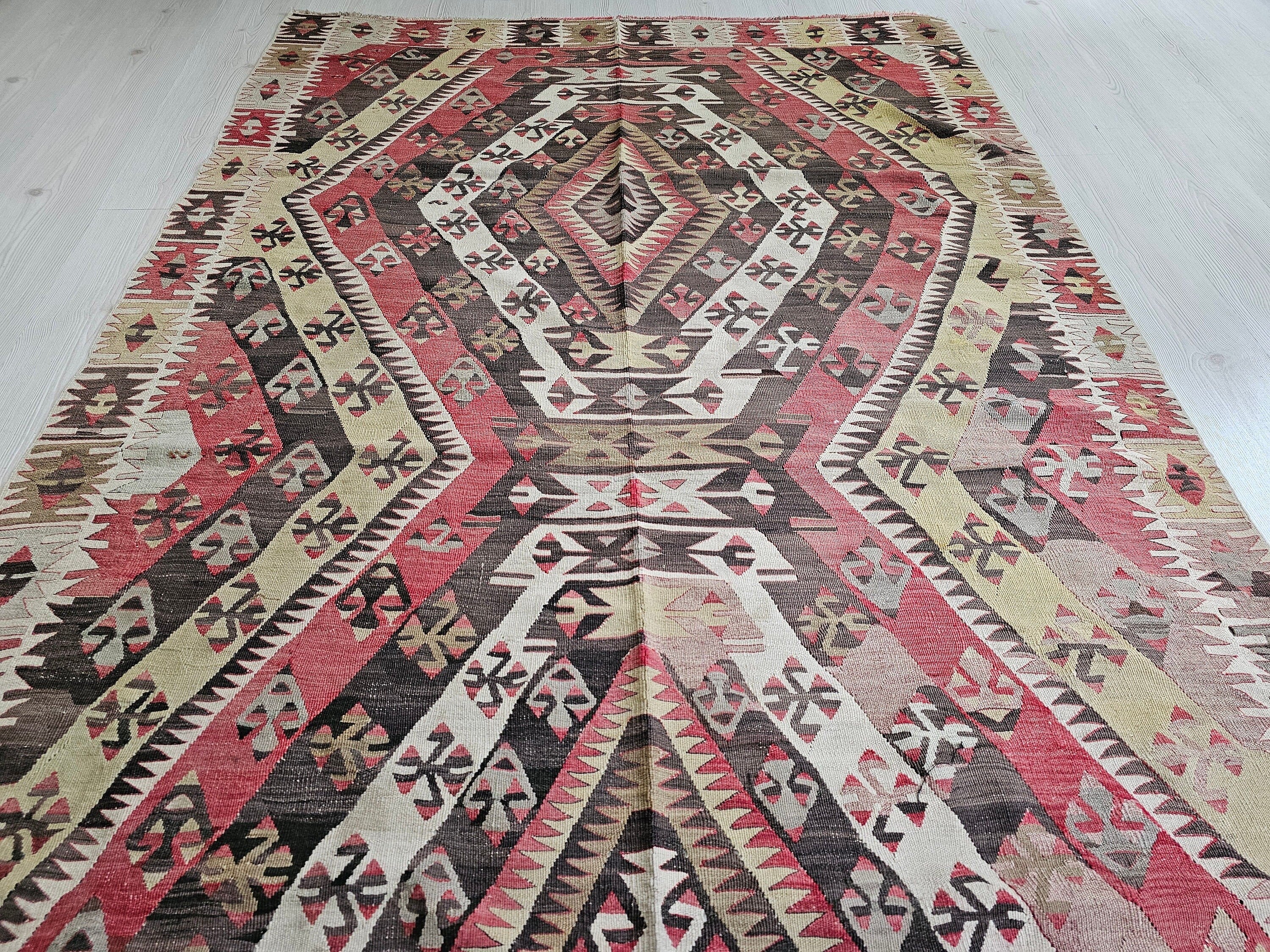 Vintage Oushak Kilim Rug: Large Turkish Bohemian Area Rug (4.9 x 12.25 ft)