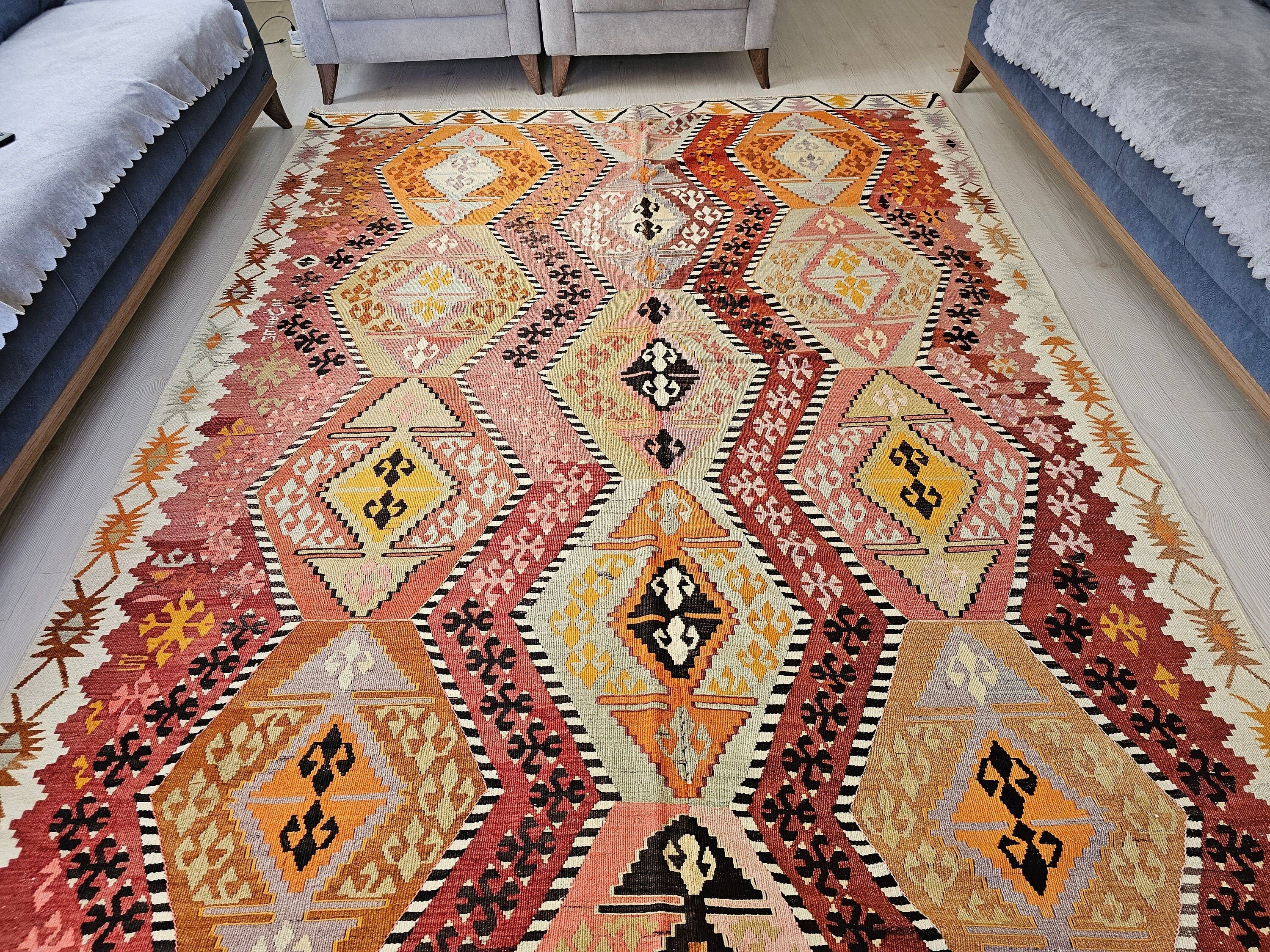 Vintage Kilim Rug: 6.40x12.20 ft, Turkish Oushak Rug, Pastel Colors