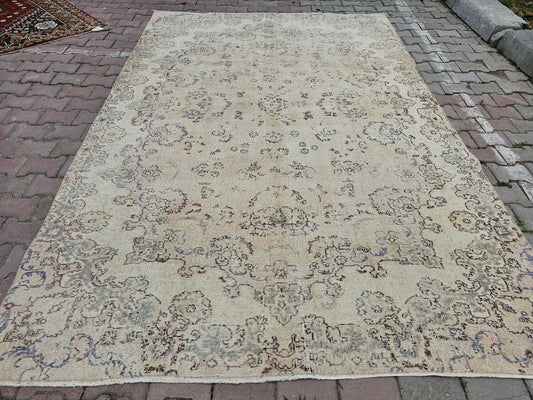 Vintage Oushak Rug /7x10.25 feet / Handmade Turkish Rug for Guest Room and Office/ Rustic Decor Bedroom Rug - Natural Wool Area Rug