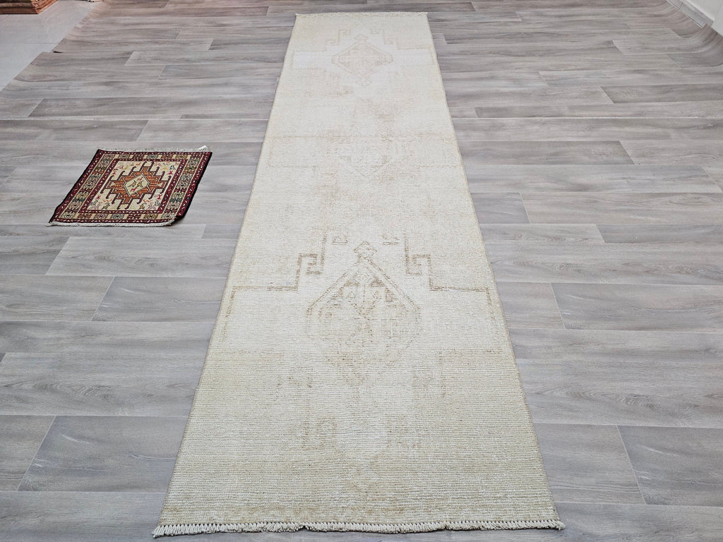 Neutral Beige Vintage Handwoven Wool Runner Rug - 3x11 feet | Timeless Hallway Carpet
